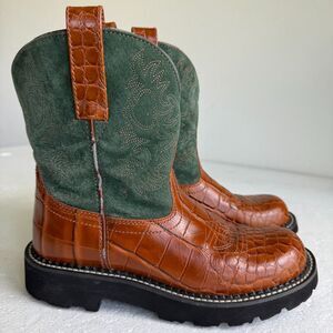 Ariat Fatbaby Brown Alligator Print Cowgirl Western Boot Green Suede Size 7 B